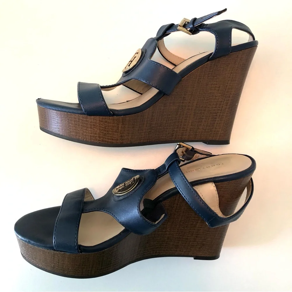 Tommy Hilfiger Navy Blue Platform Wedge Sandals Womens 7 Ankle Strap Preppy
